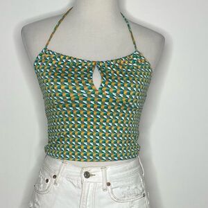 5/$25💜 So- Green, Orange and White Geometric Cropped Halter Top